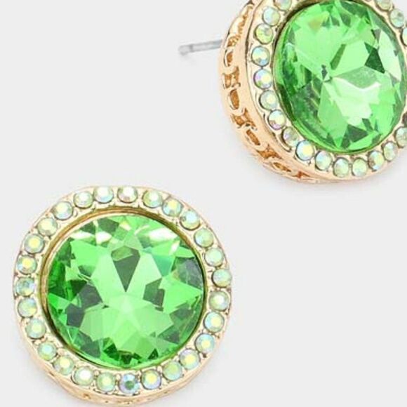 Rhinestone Trimmed Round Stone Peridot Green Evening Earrings - Picture 2 of 5
